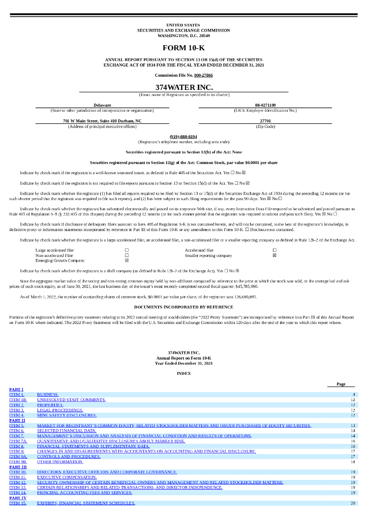 374Water Inc.（SCWO）2021财年年度报告（英文版）