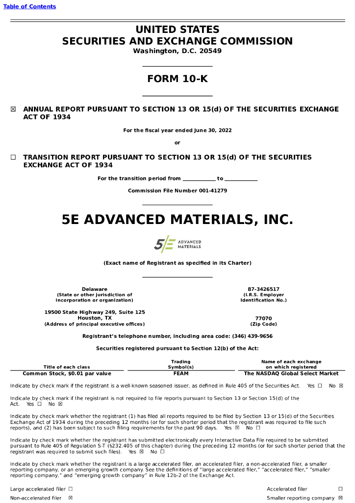 5E Advanced Materials, Inc.（FEAM）2022财年年度报告（英文版）