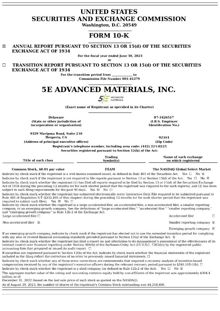 5E Advanced Materials, Inc.（FEAM）2023财年年度报告（英文版）