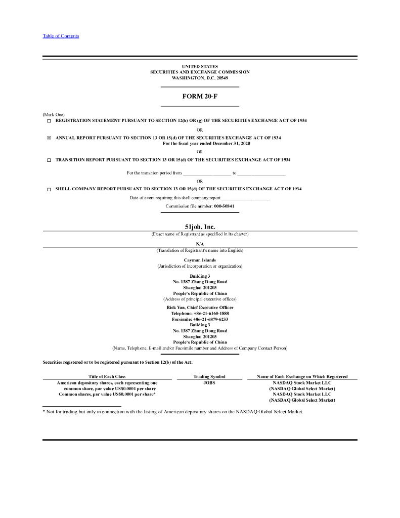 51job, Inc.（JOBS）2020财年年度报告（英文版）