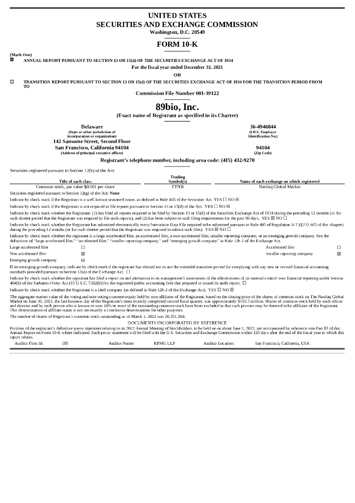 89bio, Inc.（ETNB）2021财年年度报告（英文版）