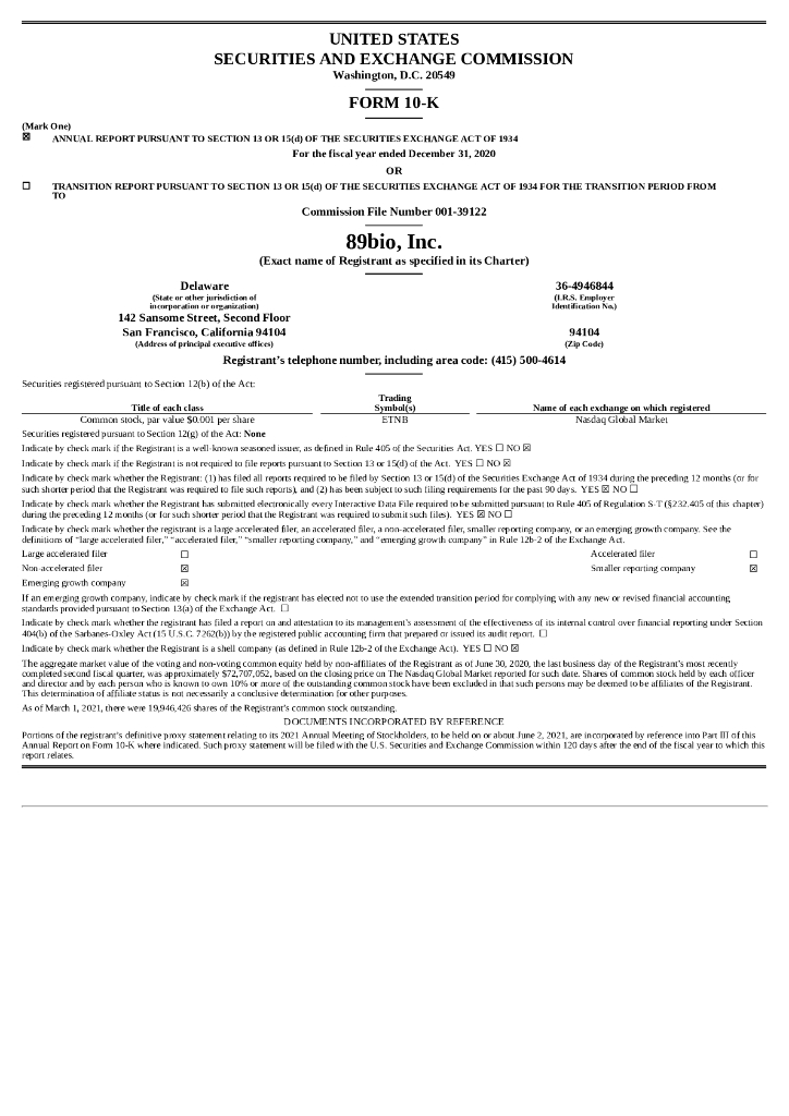 89bio, Inc.（ETNB）2020财年年度报告（英文版）