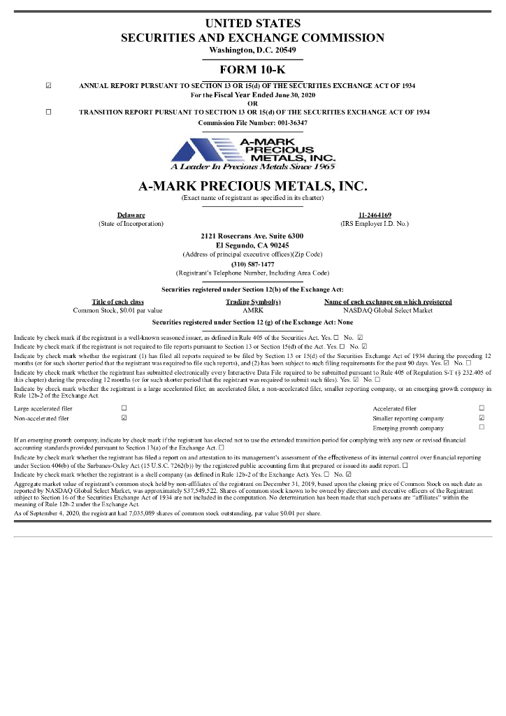 A Mark Precious Metals（AMRK）2020财年年度报告（英文版）