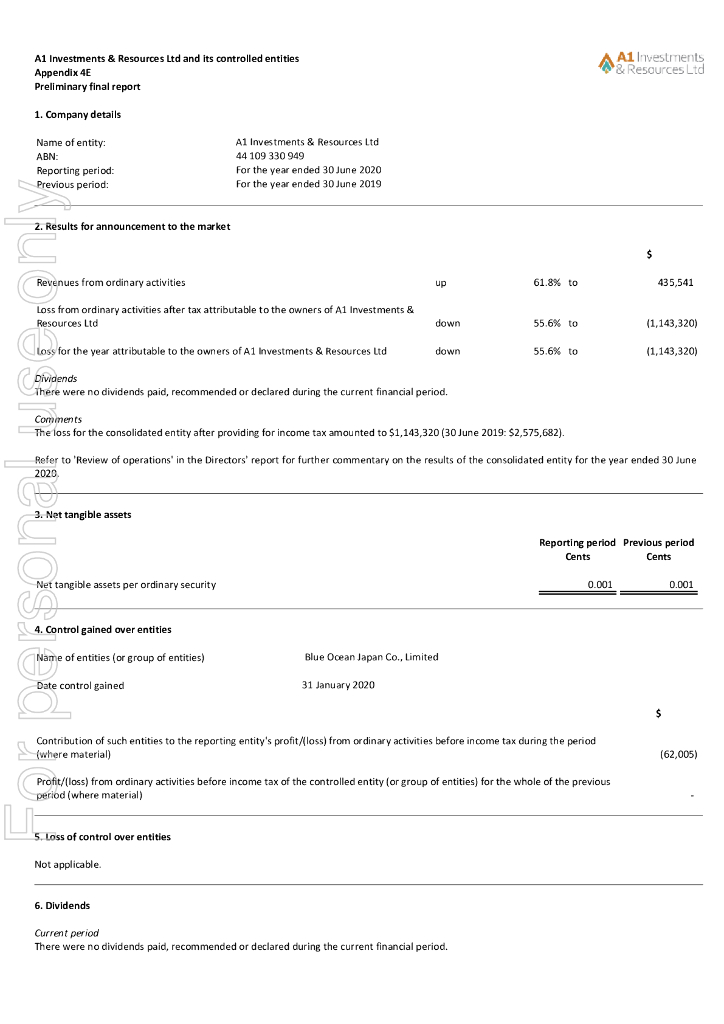 A1 Investments & Resources Ltd（AYI）2020财年年度报告（英文版）