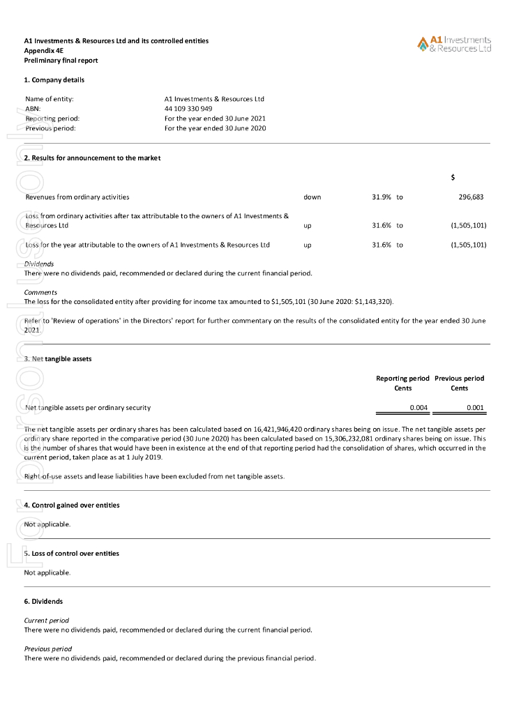 A1 Investments & Resources Ltd（AYI）2021财年年度报告（英文版）