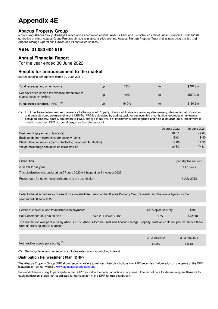 Abacus Property Group（ABP）2022财年年度报告（英文版）