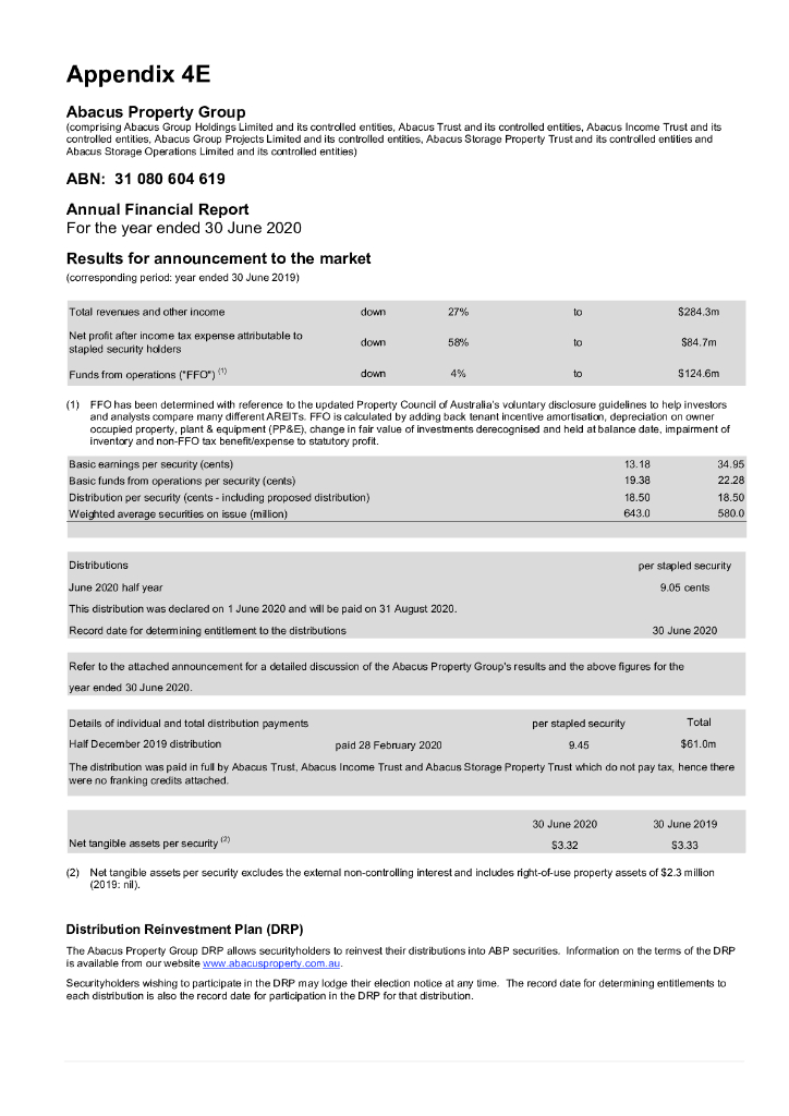 Abacus Property Group（ABP）2020财年年度报告（英文版）