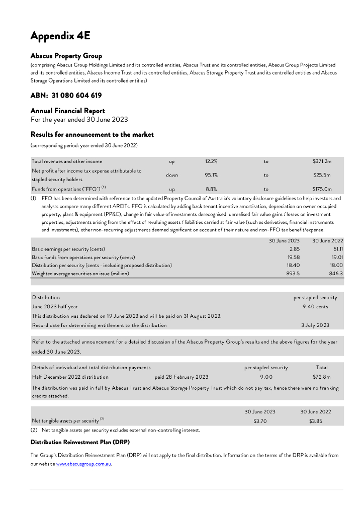 Abacus Property Group（ABP）2023财年年度报告（英文版）
