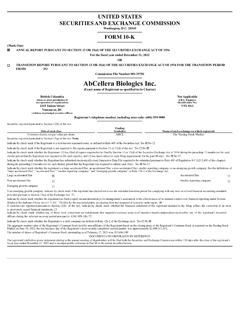 AbCellera Biologics Inc.（ABCL）2022财年年度报告（英文版）