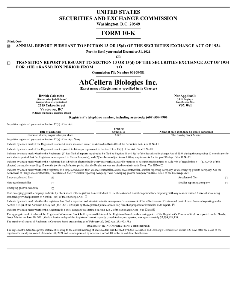 AbCellera Biologics Inc.（ABCL）2021财年年度报告（英文版）