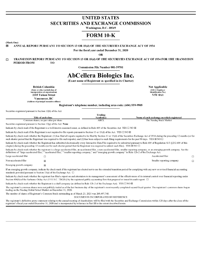 AbCellera Biologics Inc.（ABCL）2020财年年度报告（英文版）