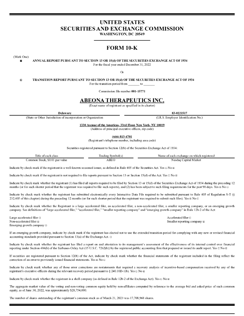 Abeona Therapeutics Inc（ABEO）2022财年年度报告（英文版）