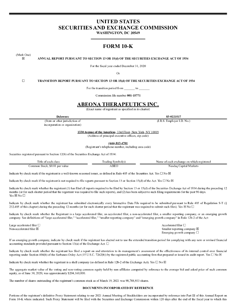 Abeona Therapeutics Inc（ABEO）2020财年年度报告（英文版）