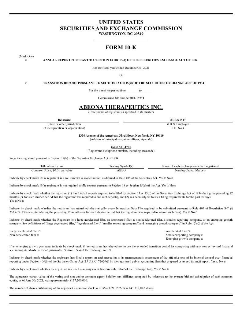 Abeona Therapeutics Inc（ABEO）2021财年年度报告（英文版）