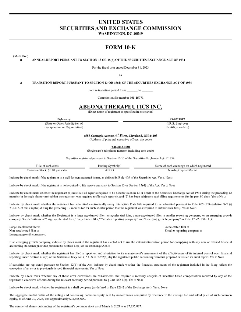 Abeona Therapeutics Inc（ABEO）2023财年年度报告（英文版）