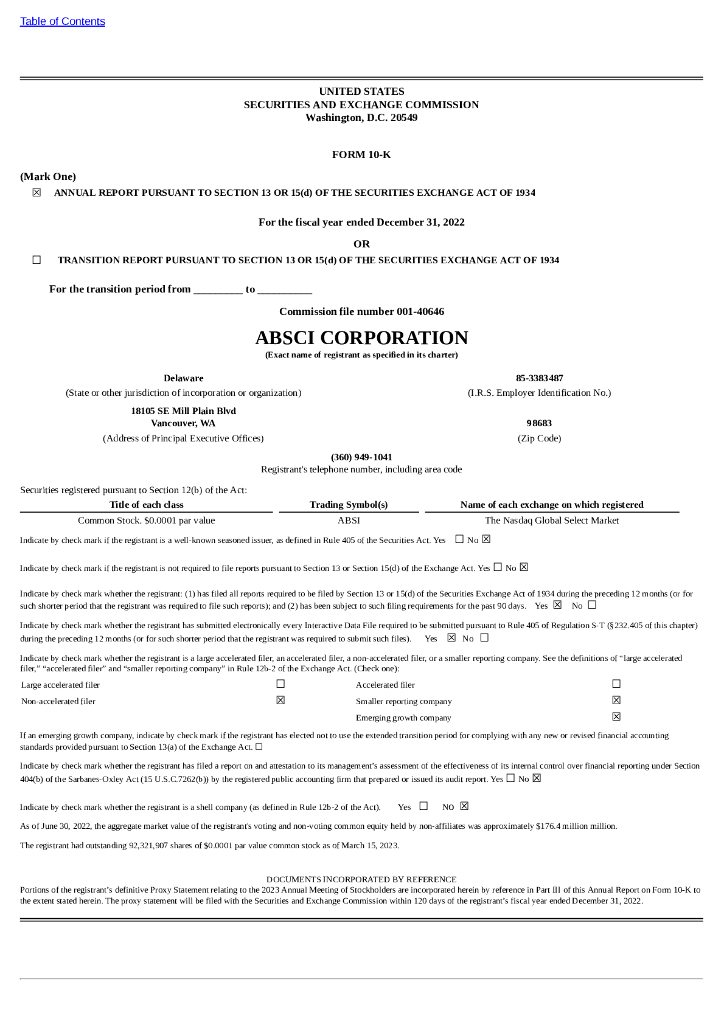 Absci Corporation（ABSI）2022财年年度报告（英文版）