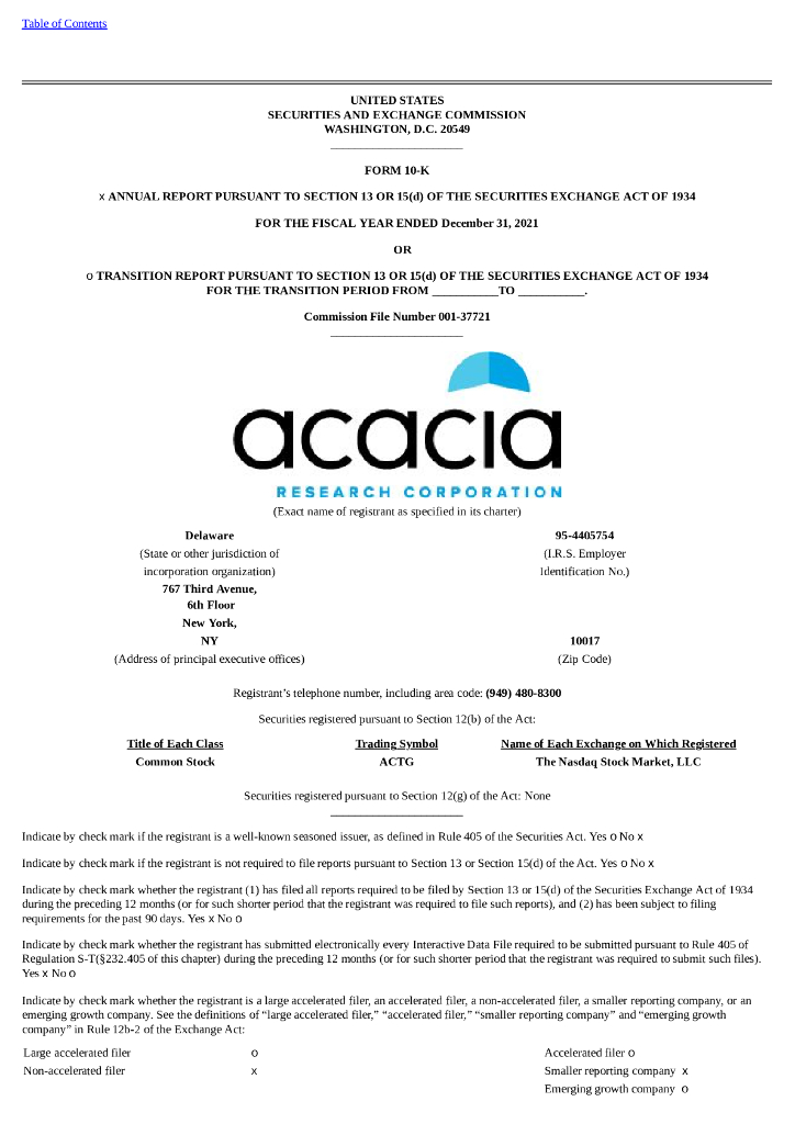 Acacia Research Corporation（ACTG）2021财年年度报告（英文版）