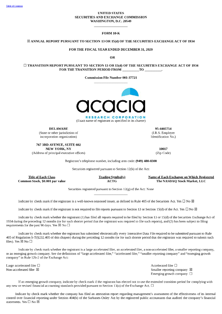 Acacia Research Corporation（ACTG）2020财年年度报告（英文版）