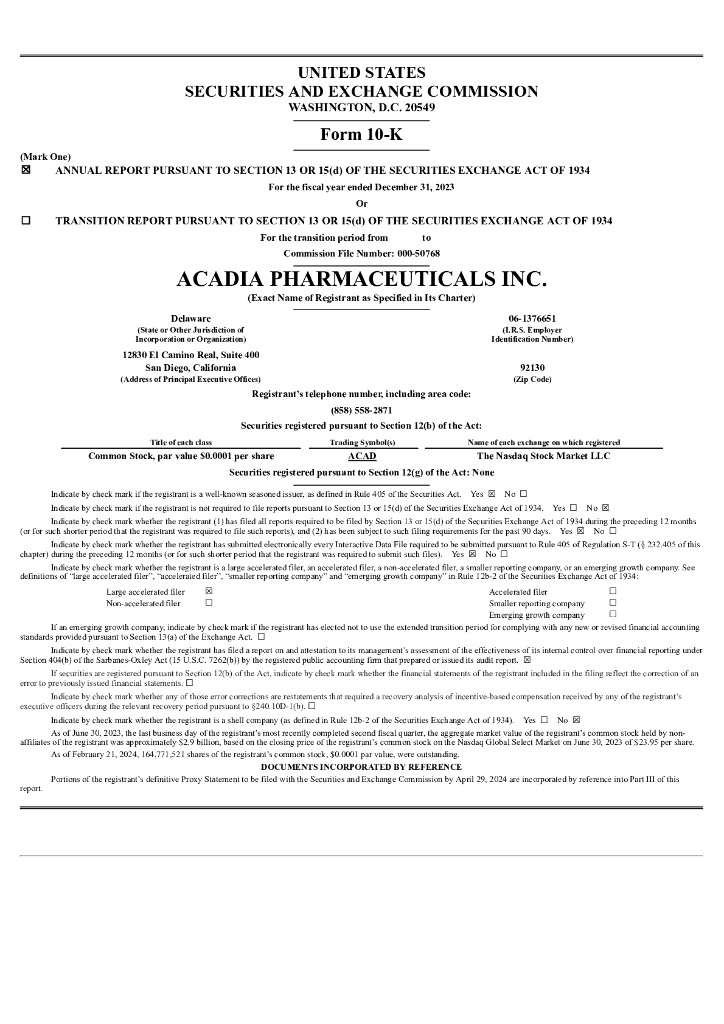 ACADIA Pharmaceuticals（ACAD）2023财年年度报告（英文版）