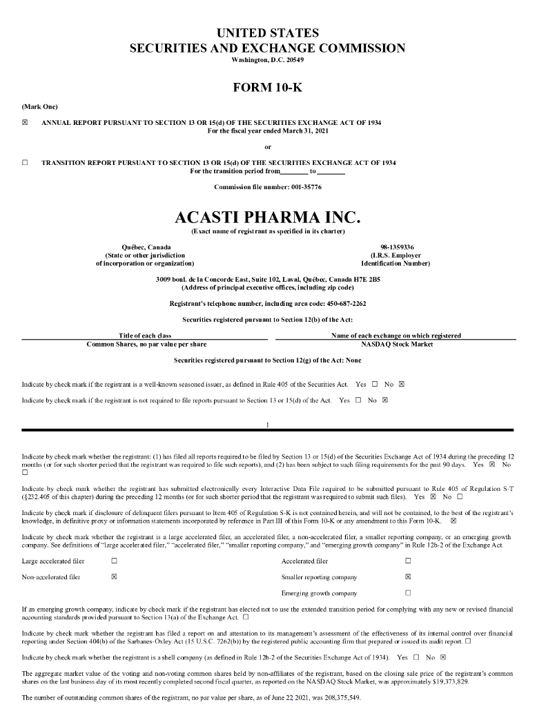 Acasti Pharma Inc.（ACST）2021财年年度报告（英文版）