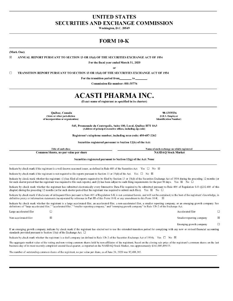 Acasti Pharma Inc.（ACST）2020财年年度报告（英文版）