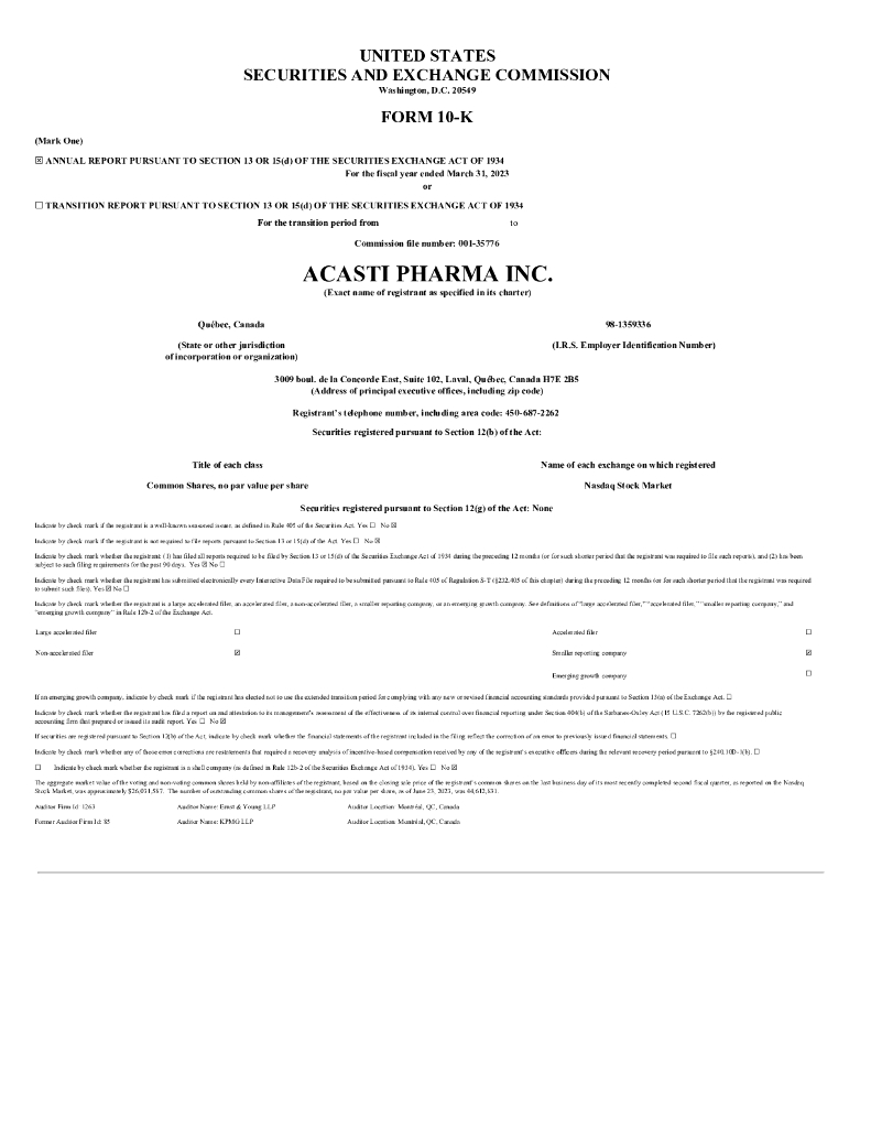 Acasti Pharma Inc.（ACST）2023财年年度报告（英文版）