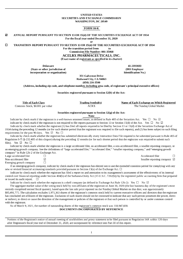Acelrx Pharmaceuticals（ACRX）2020财年年度报告（英文版）