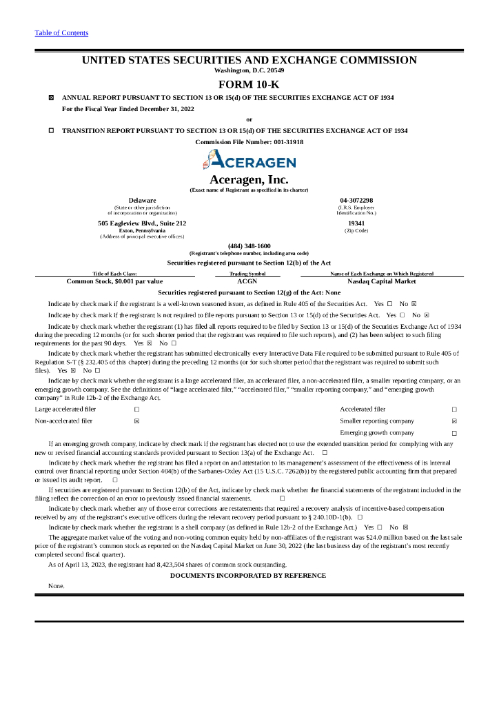 Aceragen, Inc.（ACGN）2022财年年度报告（英文版）