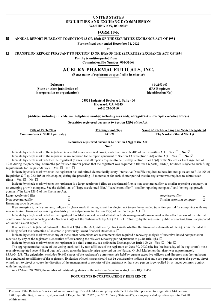 Acelrx Pharmaceuticals（ACRX）2022财年年度报告（英文版）
