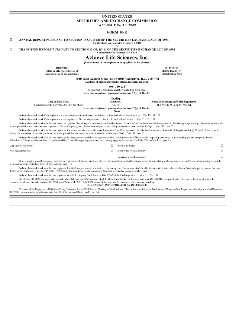 Achieve Life Sciences, Inc.（ACHV）2020财年年度报告（英文版）