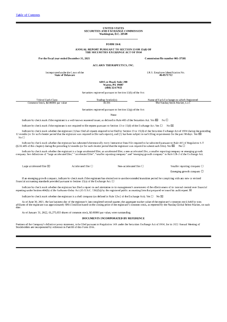 Aclaris Therapeutics, Inc.（ACRS）2021财年年度报告（英文版）