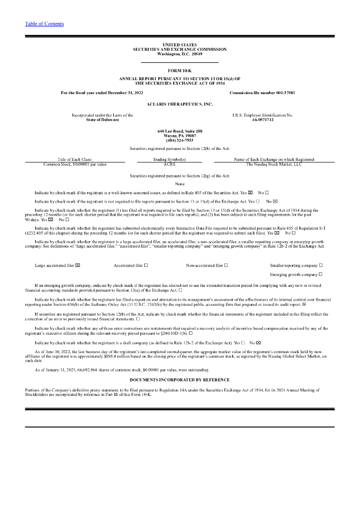 Aclaris Therapeutics, Inc.（ACRS）2022财年年度报告（英文版）