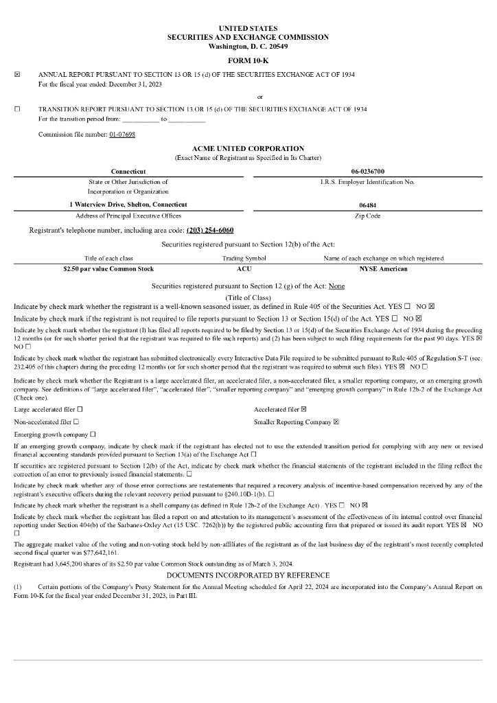 Acme United Corporation（ACU）2023财年年度报告（英文版）