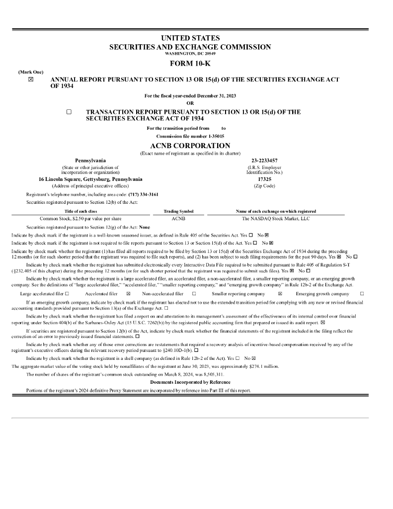 ACNB Corporation（ACNB）2023财年年度报告（英文版）