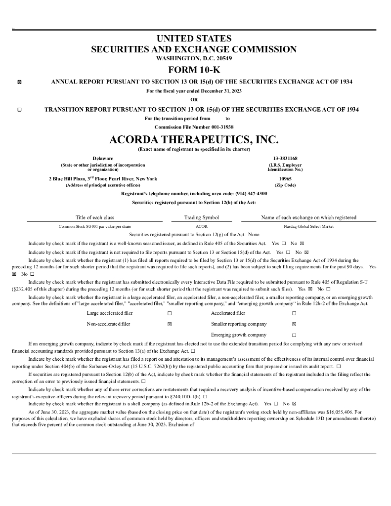 Acorda Therapeutics, Inc.（ACOR）2023财年年度报告（英文版）