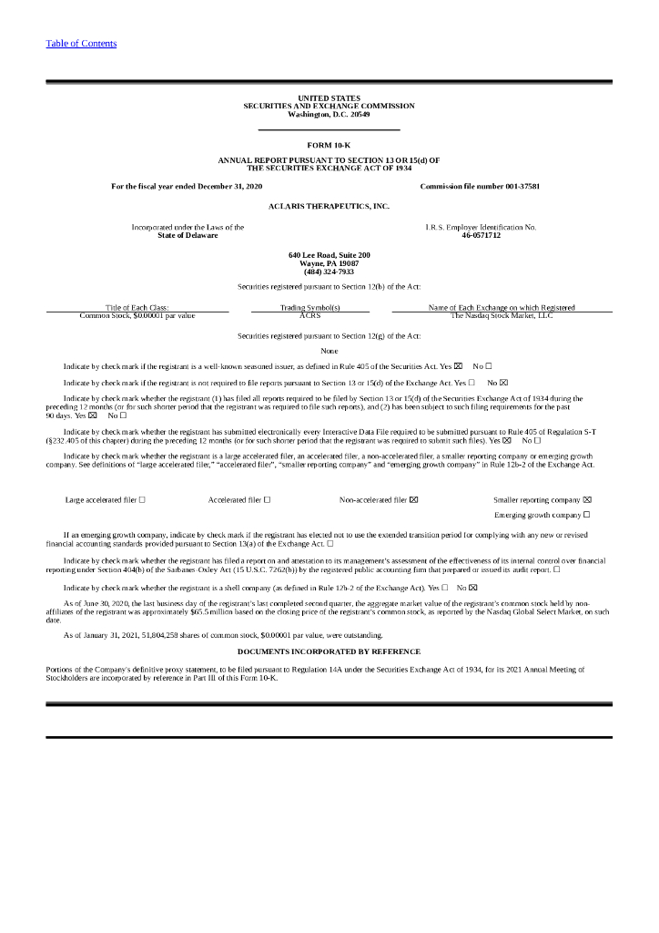 Aclaris Therapeutics, Inc.（ACRS）2020财年年度报告（英文版）