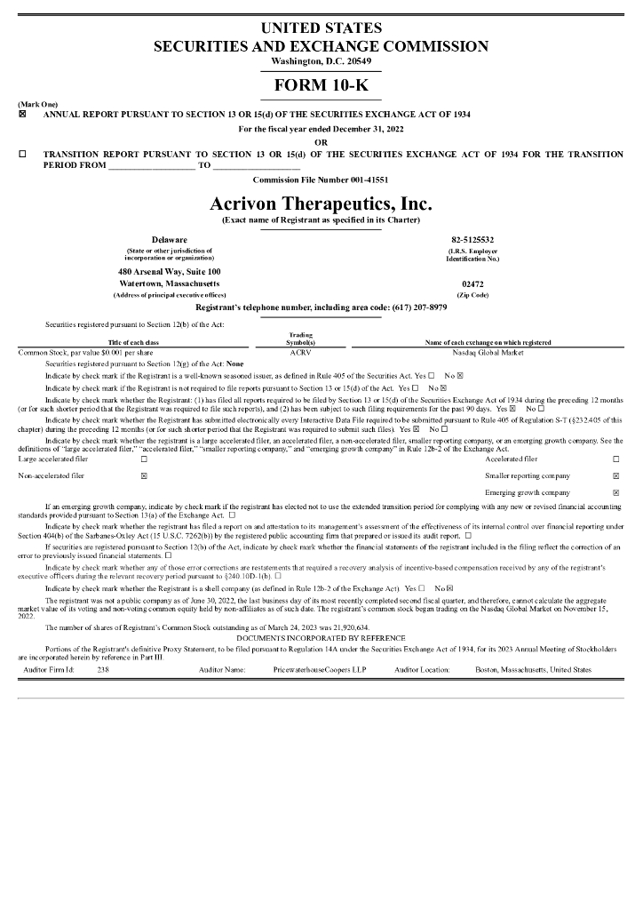 Acrivon Therapeutics, Inc.（ACRV）2022财年年度报告（英文版）