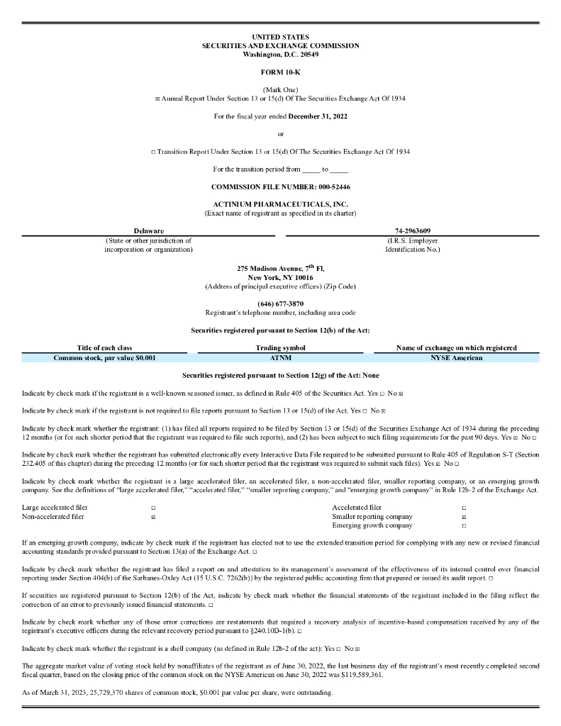 Actinium Pharmaceuticals, Inc.（ATNM）2022财年年度报告（英文版）