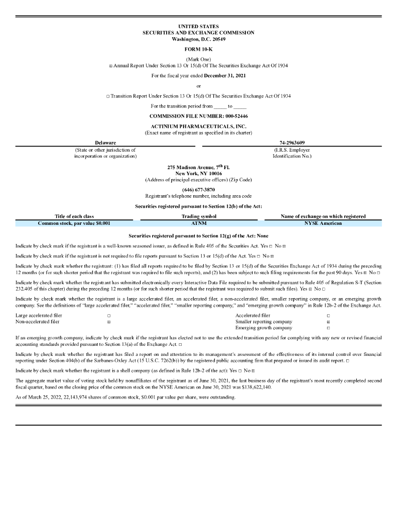 Actinium Pharmaceuticals, Inc.（ATNM）2021财年年度报告（英文版）
