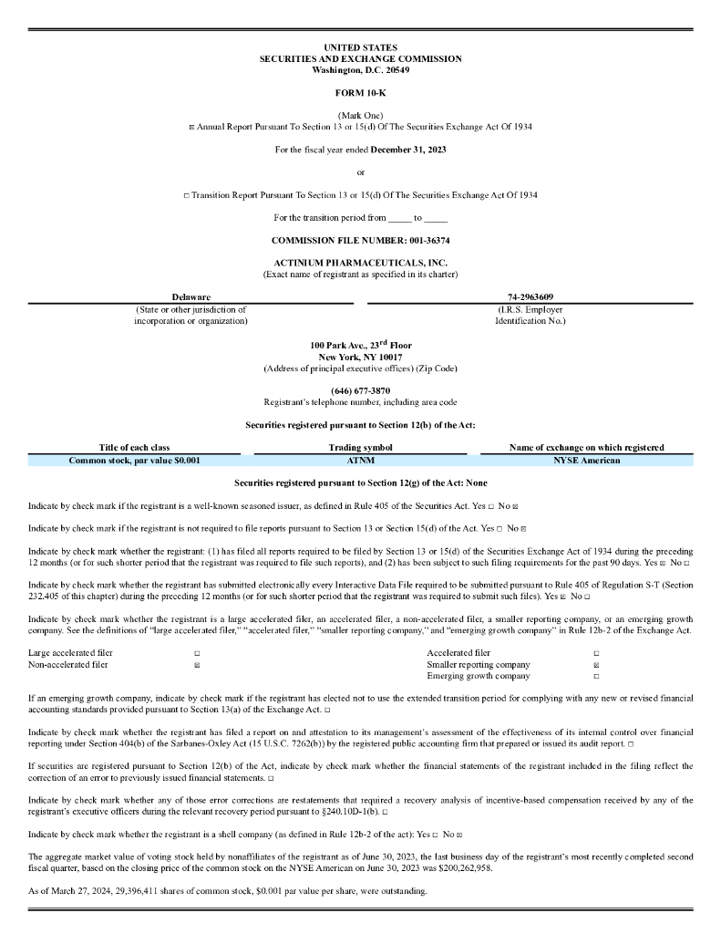 Actinium Pharmaceuticals, Inc.（ATNM）2023财年年度报告（英文版）