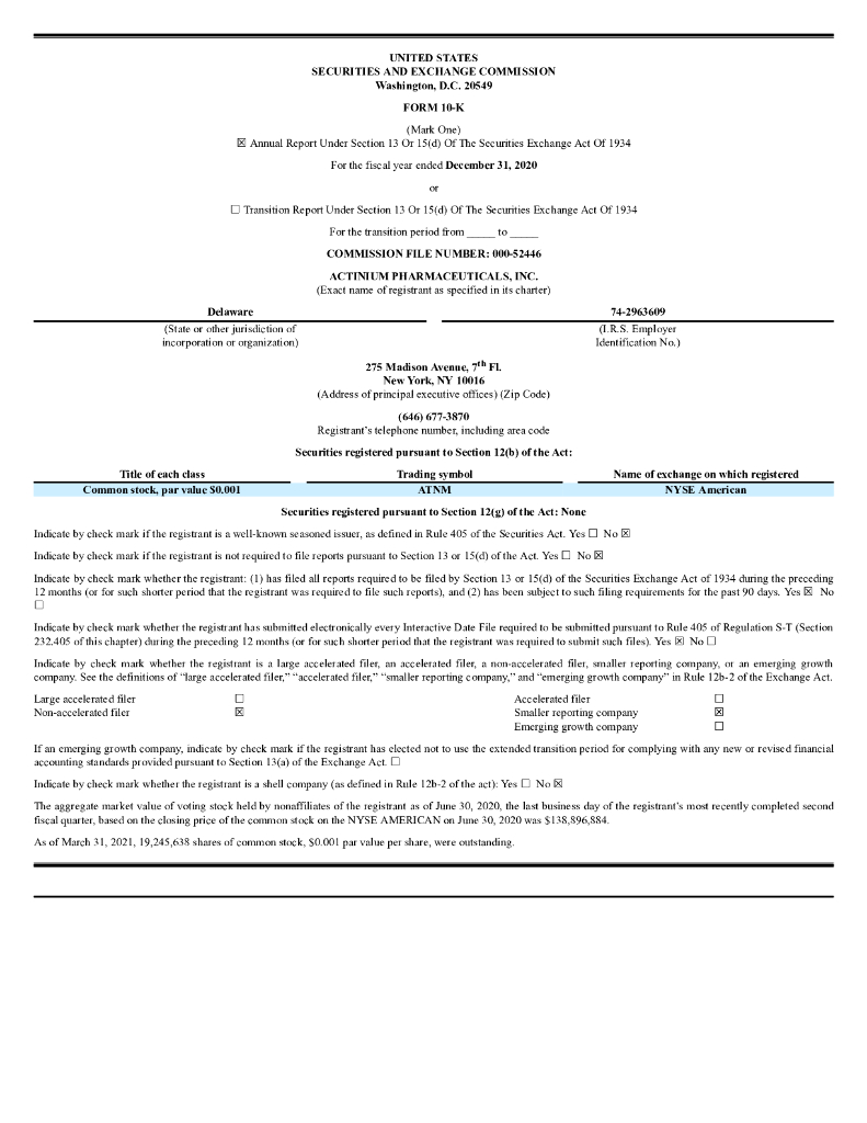 Actinium Pharmaceuticals, Inc.（ATNM）2020财年年度报告（英文版）