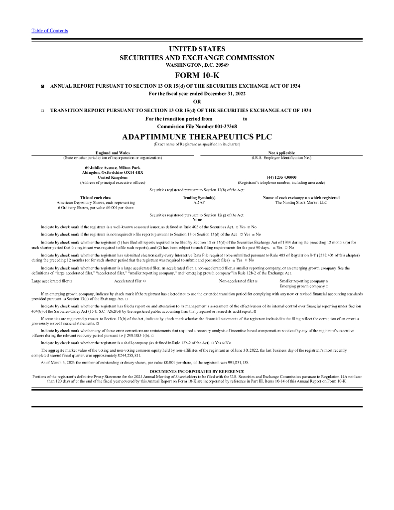 Adaptimmune Therapeutics（ADAP）2022财年年度报告（英文版）