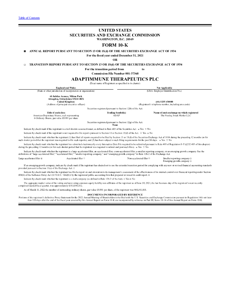 Adaptimmune Therapeutics（ADAP）2021财年年度报告（英文版）