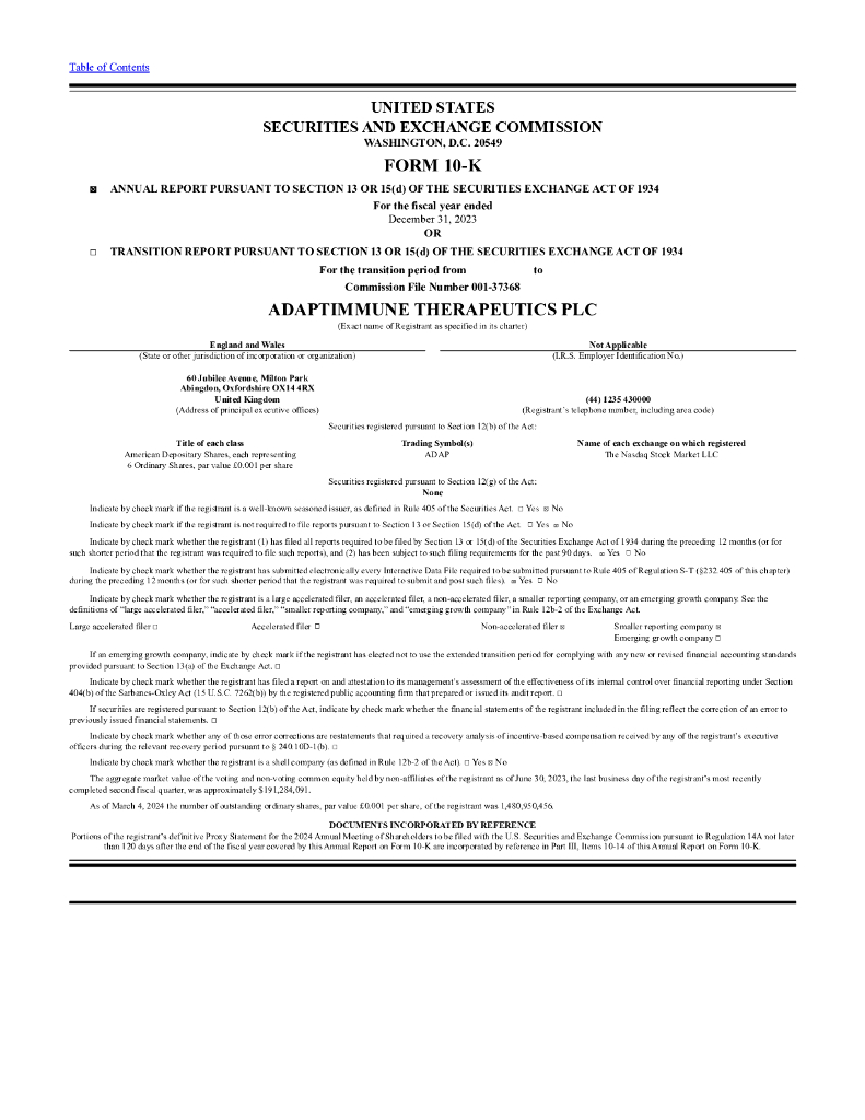Adaptimmune Therapeutics（ADAP）2023财年年度报告（英文版）