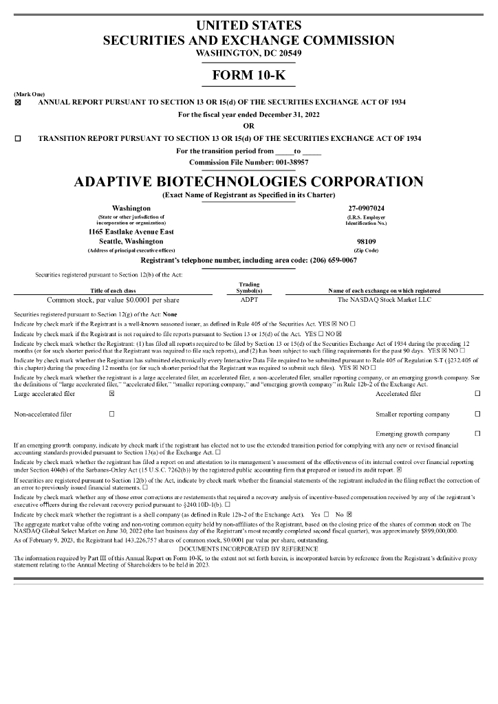 Adaptive Biotechnologies Corporation（ADPT）2022财年年度报告（英文版）