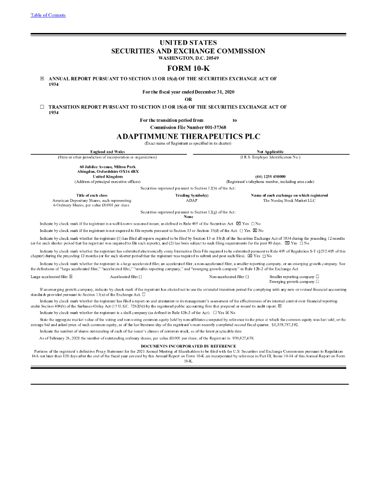 Adaptimmune Therapeutics（ADAP）2020财年年度报告（英文版）