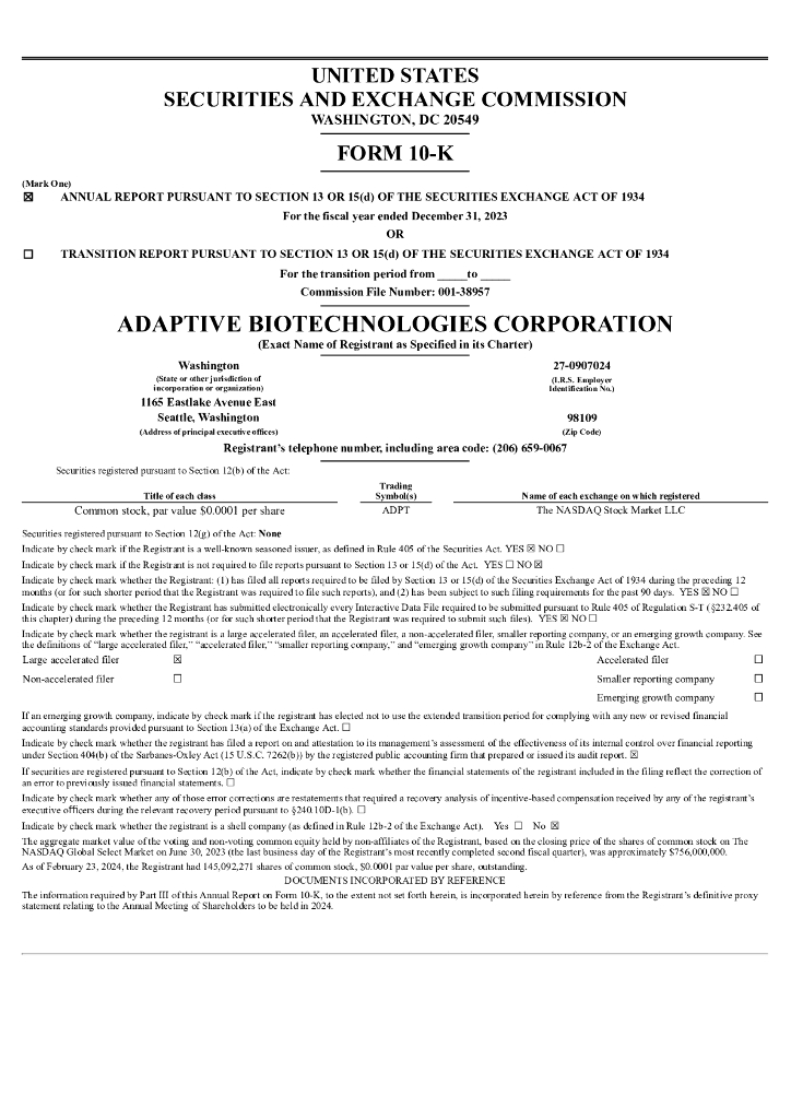 Adaptive Biotechnologies Corporation（ADPT）2023财年年度报告（英文版）