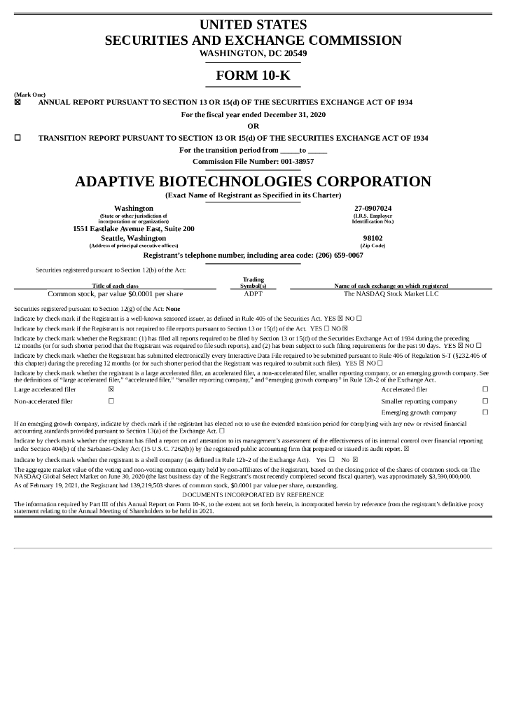Adaptive Biotechnologies Corporation（ADPT）2020财年年度报告（英文版）