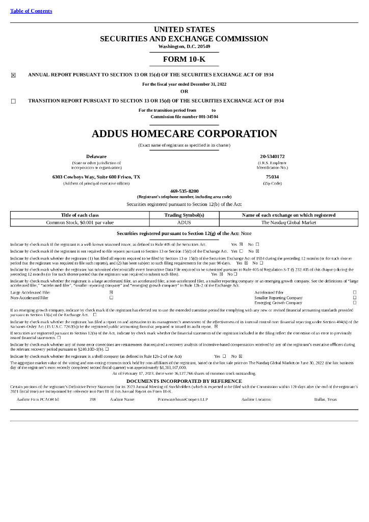 Addus Homecare Corporation（ADUS）2022财年年度报告（英文版）