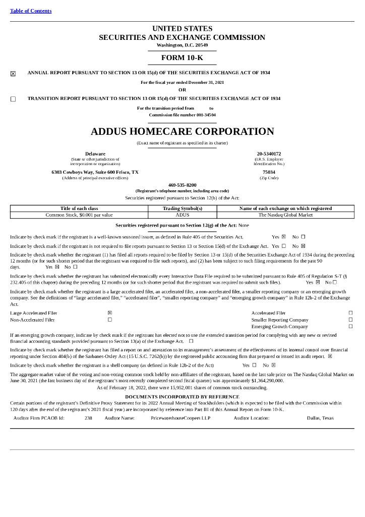 Addus Homecare Corporation（ADUS）2021财年年度报告（英文版）